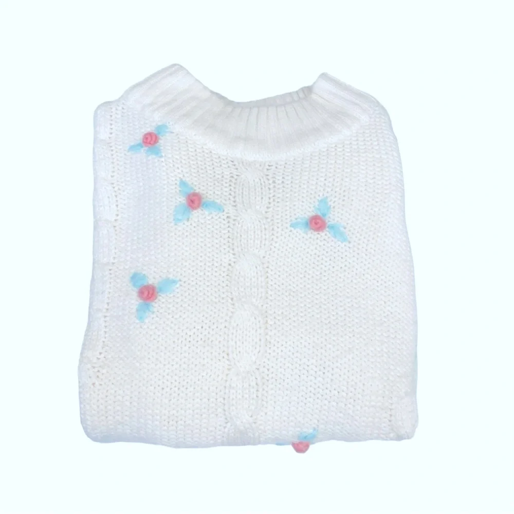 Vintage White Cable Knit Rosette Sweater Pink Mint Green Floral M Pastel Cottage